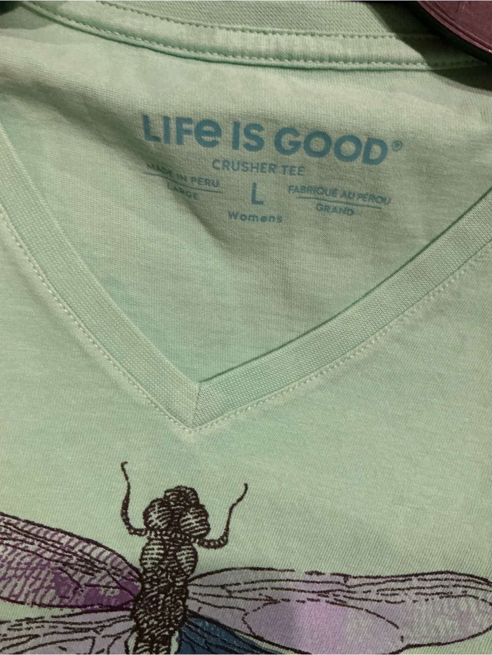 Life Is Good Crusher Tee Women’s L Mint Green Dragonfly V Neck “Change Is Good” - Picture 6 of 7